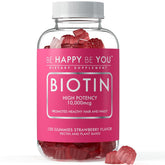 Be Happy Be You Biotin Gummies bottle front showing premium hair and nails support.