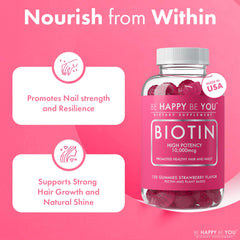 Be Happy Be You Biotin Gummies closeup of chewy gummies with strawberry flavor.
