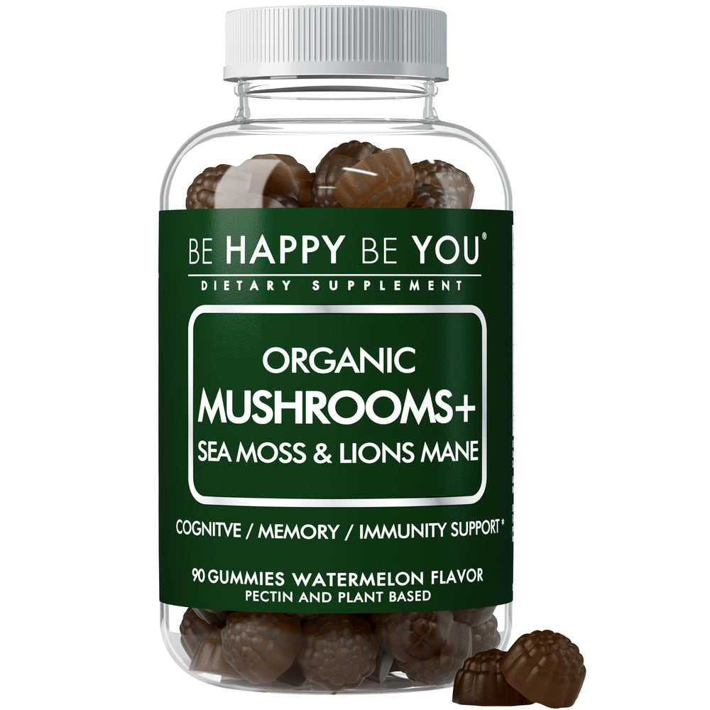 Be Happy Be You watermelon gummies bottle showcasing 6-in-1 wellness support.