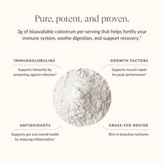 The Beam Colostrum Powder packaging showcases grass-fed, non-GMO ingredients.