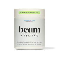 Beam Creatine Powder bottle shows pure creatine for steady gym performance.