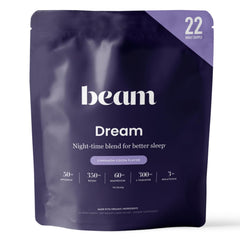Beam Dream Sleep Powder jar front promoting nightly relaxation and calm before bed.
