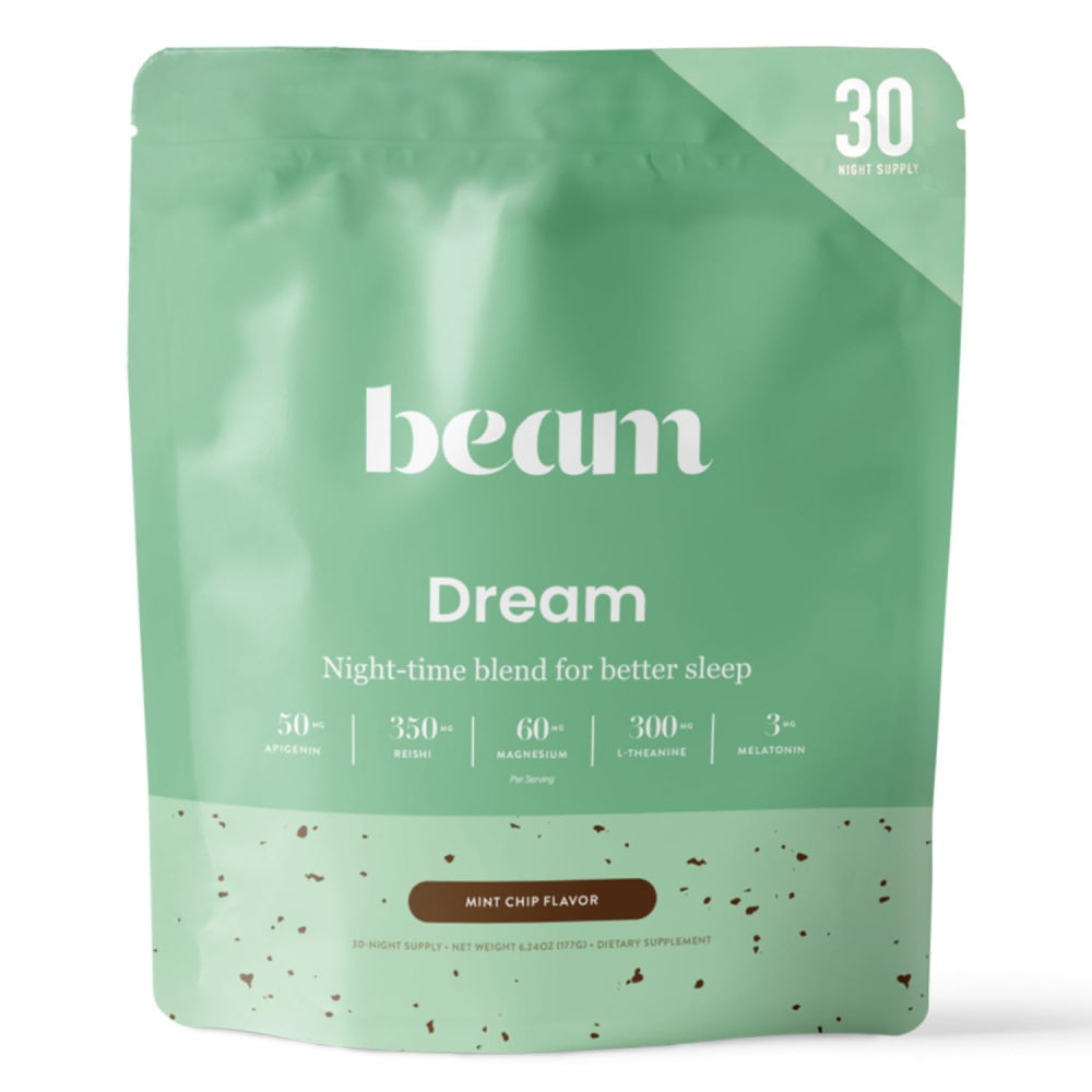 Beam Dream Sleep Powder tub showing a vegan, non-GMO formula for a calming evening