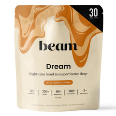 Beam Dream Sleep Powder tub on table promotes calm evenings.