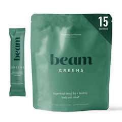 Beam Greens Powder jar front highlights natural greens for daily wellness.