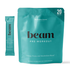 Beam Pre Workout powder jar showing clean energy from PurCaf caffeine for steady workouts