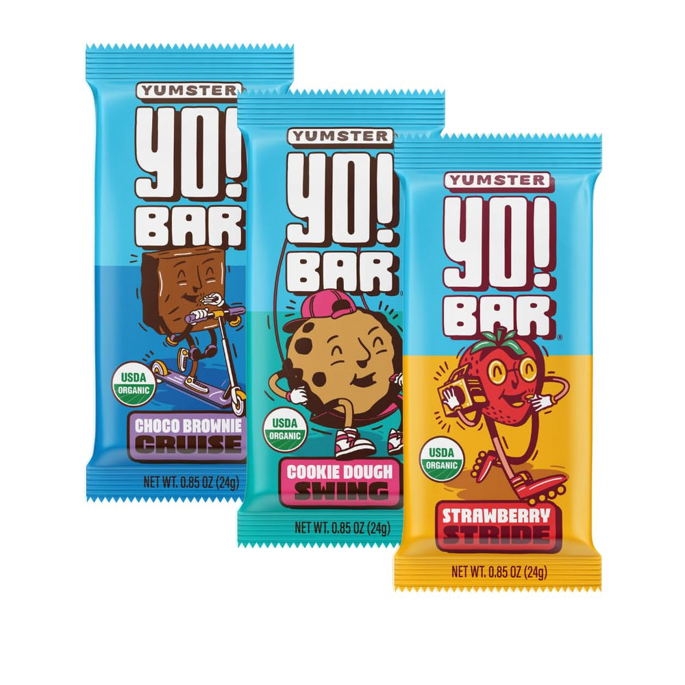Bearded Brothers Yo! Bar variety pack outer box showing kid-friendly, convenient snack option.