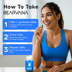 BEARVANA Peach Support gummies pouring shot highlighting two-gummy serving.