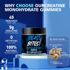 Blueberry-flavored BEAST BITES Creatine Monohydrate Gummies with tasty texture