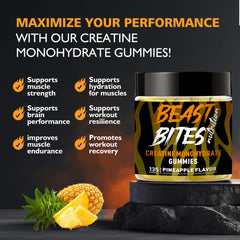 Gummies poured from BEAST BITES Nutrition bottle for easy serving.
