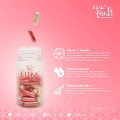 Beauty Vault LUMI 24H packaging on desk with 60 capsules in box