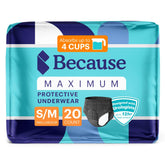 Because Premium absorbency underwear in black, front view for daily protection.