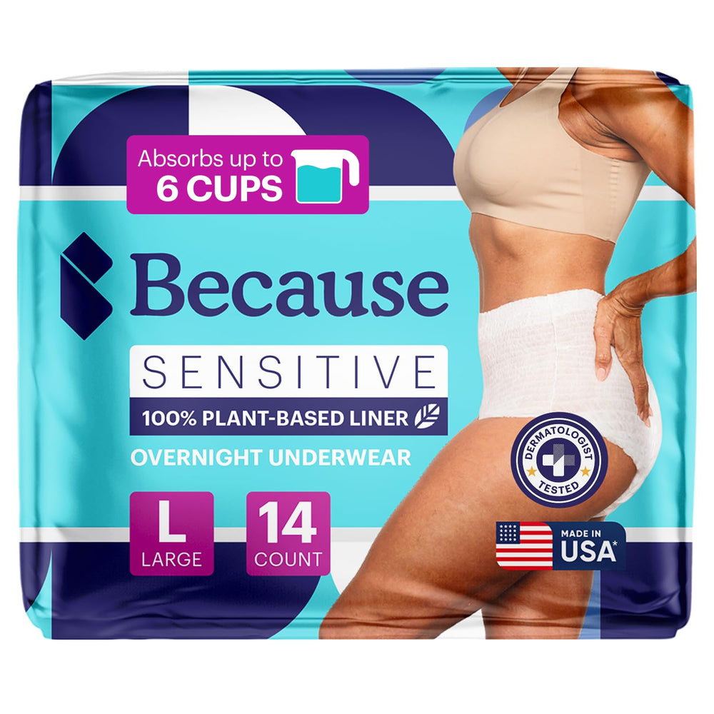 Because Sensitive Overnight Briefs pack shown for discreet nighttime protection.