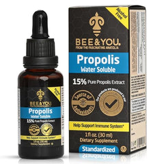 Bee & You propolis water-soluble bottle ready for daily immune support.