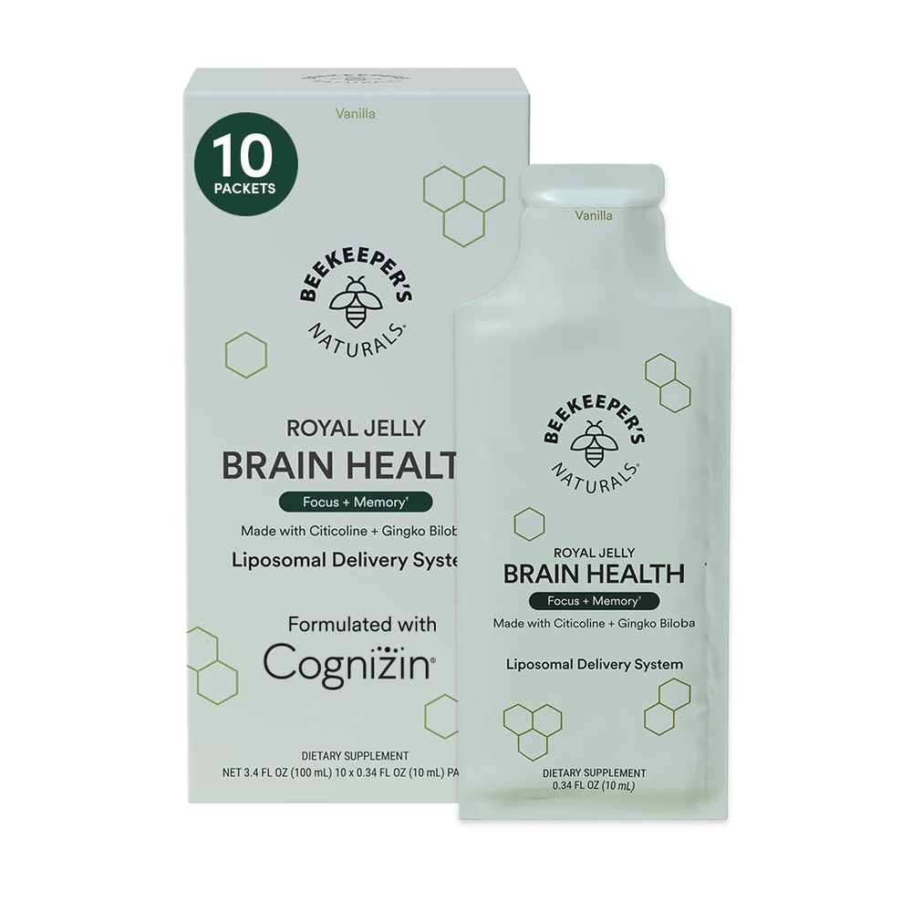 Beekeeper's Naturals Brain Health liposomal pack in vanilla flavor supports daily focus