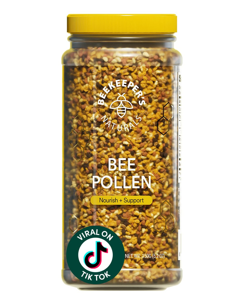 Beekeeper's Naturals raw bee pollen granules in a jar highlight natural nutrition and versatility.