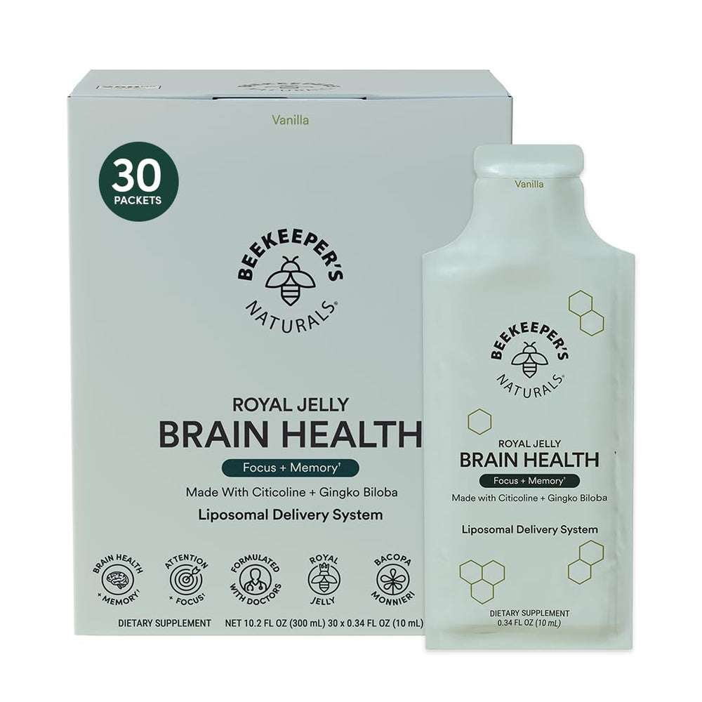 Beekeeper's Naturals nootropic brain supplement bottle with vanilla flavor for focused days.