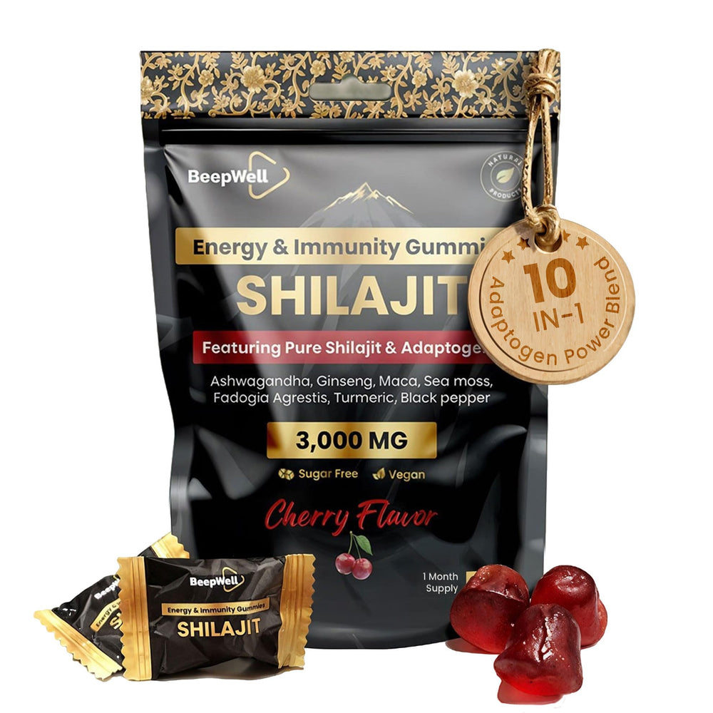 BeepWell Gold Shilajit Gummies bottle for convenient daily energy and balance.