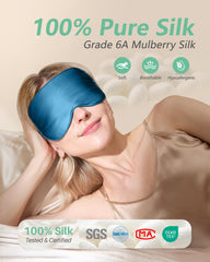 BeeVines mulberry silk eye mask in peacock blue offers travel-ready comfort and skin-friendly texture.
