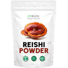 Beleon Reishi powder in 8oz tin label, ideal for daily immune support when stirred into beverages