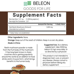 Beleon Reishi powder with scoop enables easy daily 1000 mg serving