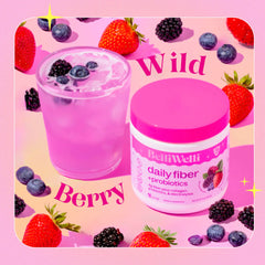 Belli Welli wild berry powder being scooped for convenient daily fiber intake.