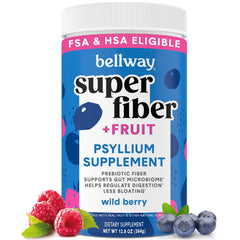 Bellway Super Fiber Powder bottle with organic psyllium and berry flavor for daily digestive support.