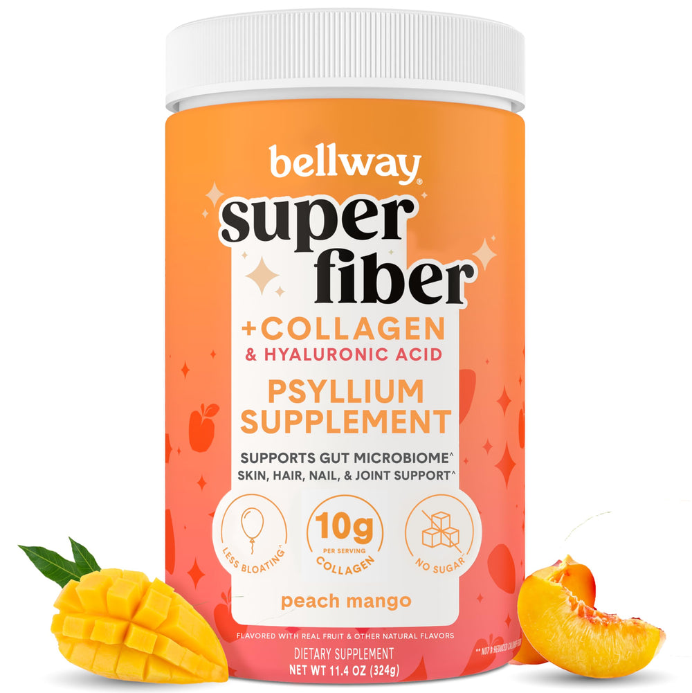 Bellway Super Fiber Powder Peach Mango in glass for a refreshing gut-friendly drink.