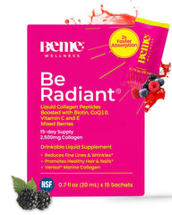 BeMe Liquid Collagen berry sachets packaging for convenient daily beauty routine.