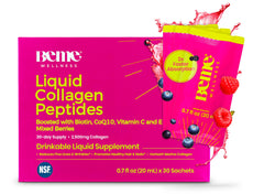 BeMe liquid collagen sachets packaging, travel-friendly and easy to use.