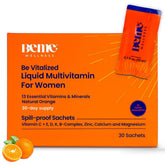 BeMe liquid multivitamins orange sachet packaging for on-the-go nutrition.