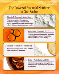 BeMe orange-flavored liquid multivitamin being poured into a glass.
