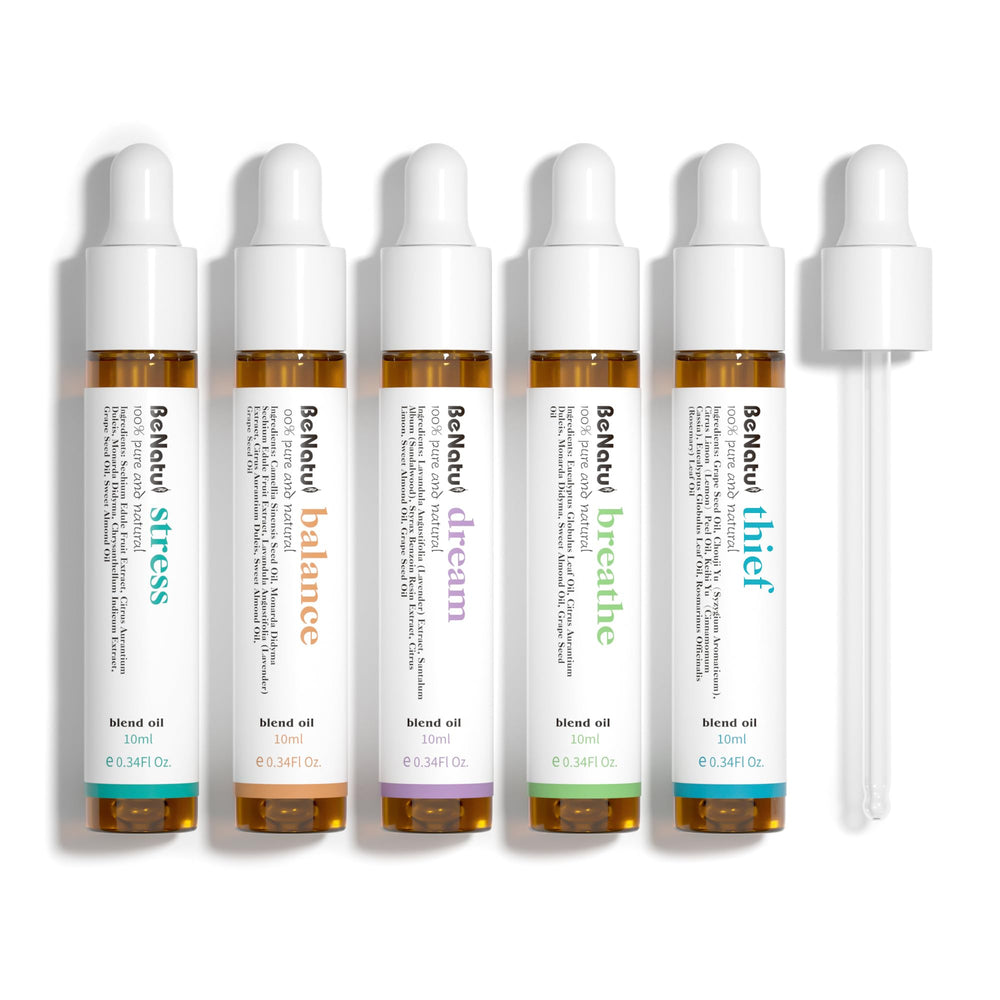 Conjunto Benatu de aceites relajantes en botellas de 10 ml para uso diario.