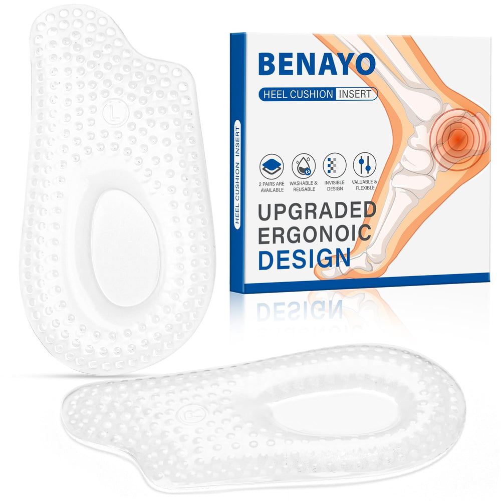 BENAYO plantar fasciitis heel cups front view for all-day comfort.