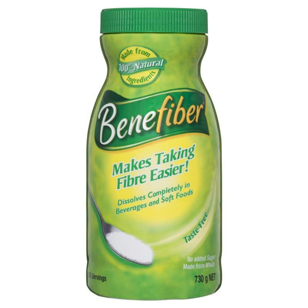 Benefiber 730g jumbo container—clear, taste-free daily fiber for meals.