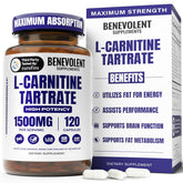 Benevolent Nourishment L-Carnitine Tartrate bottle shows 1500mg per serving for energy support.