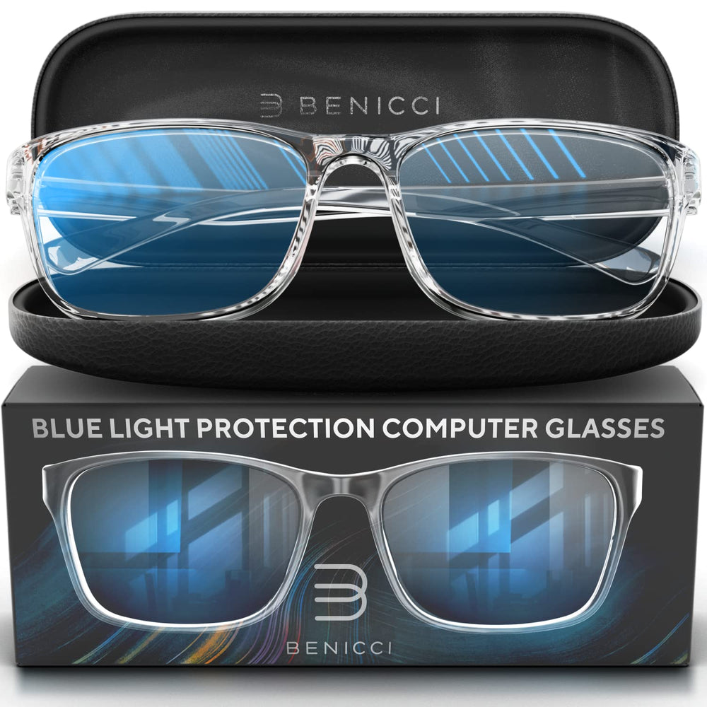 Benicci blue light glasses worn by model to reduce screen glare.