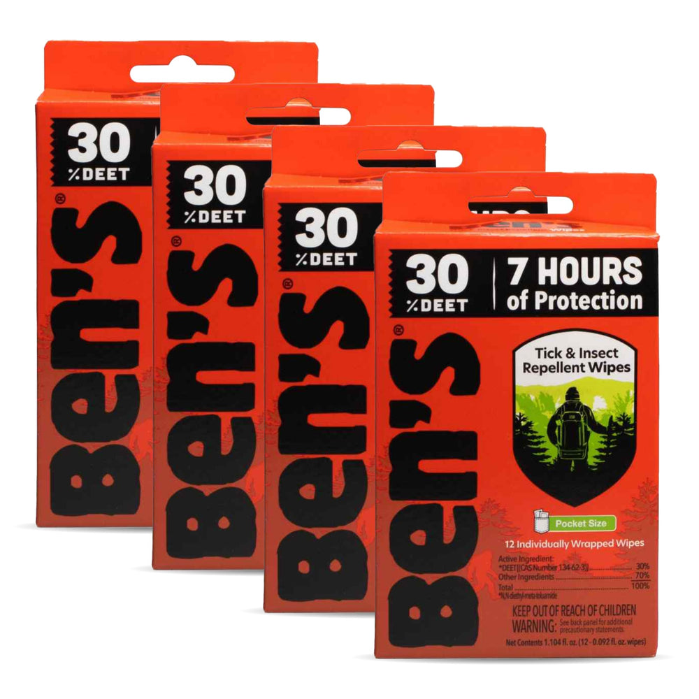 Ben's Tick & Insect Repellent Wipes packaging close-up with DEET for outdoor protection