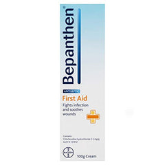 Bepanthen First Aid Cream packaging image with 100g tube for home care