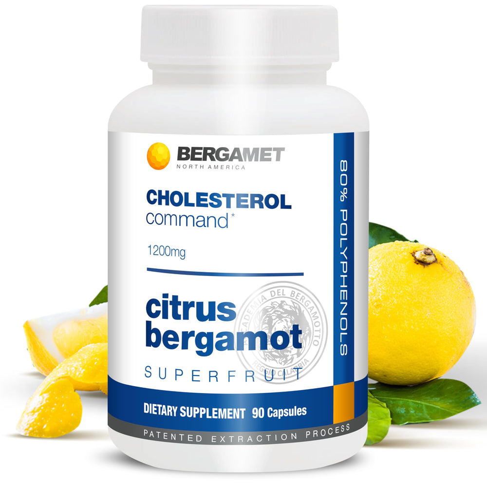 BergaMet Cholesterol Command bottle front showing 90 capsules for daily support.