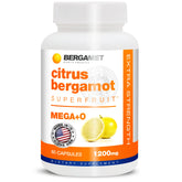 BergaMet citrus bergamot capsules on white, highlighting 1200 mg dosage.
