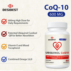 Besibest CoQ10 600mg bottle highlighting vitamin E and mixed tocopherols.
