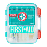 Be Smart Get Prepared teal 326-piece first aid kit case for quick emergency readiness.