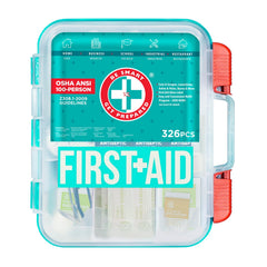 Be Smart Get Prepared teal 326-piece first aid kit case for quick emergency readiness.