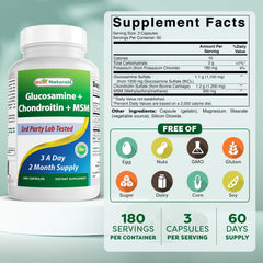 Best Naturals 2600mg serving image highlights potent glucosamine, chondroitin, and MSM blend for joints.