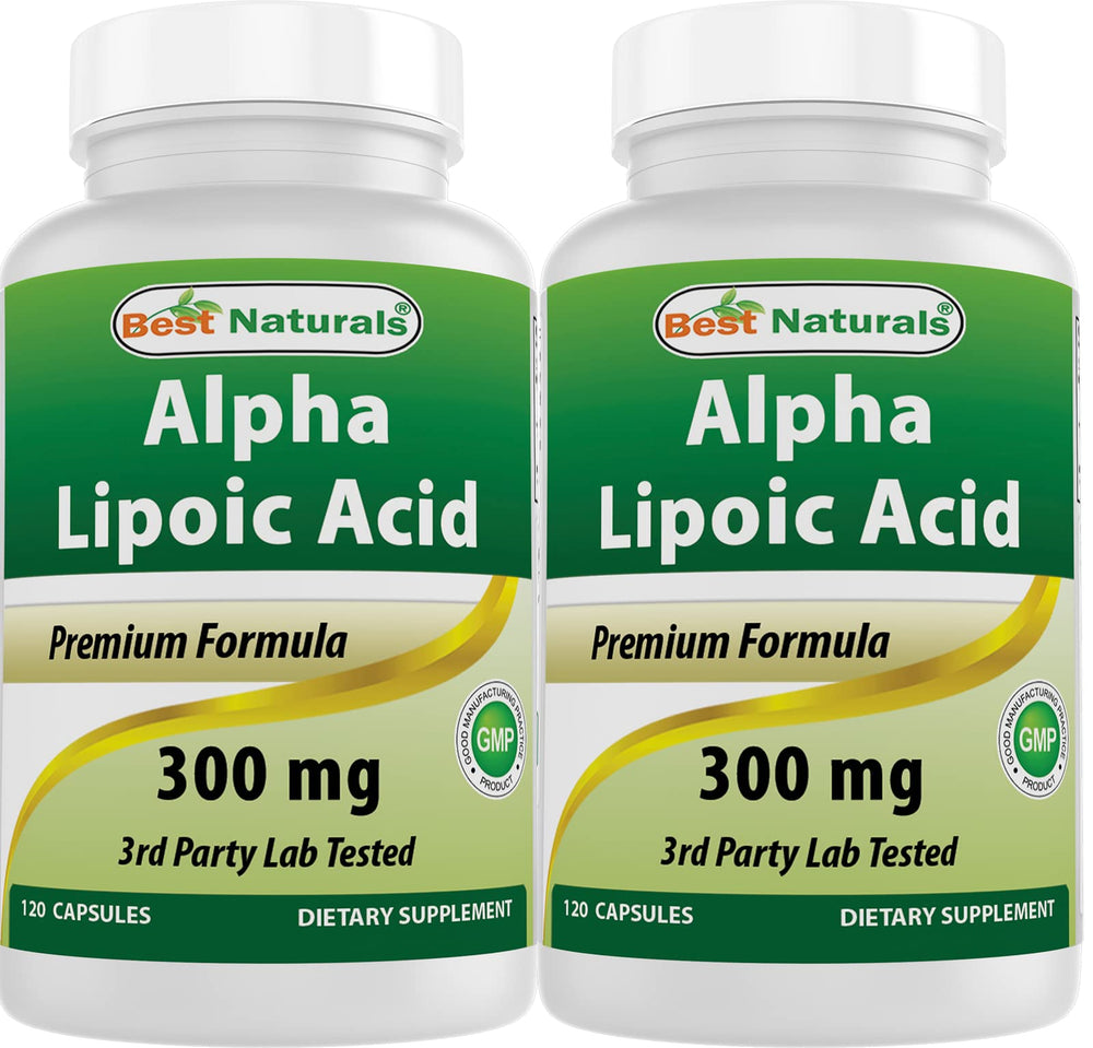 Best Naturals Alpha Lipoic Acid 300 mg bottle with 120 capsules, two-pack packaging.