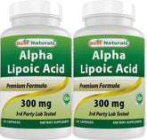 Best Naturals Alpha Lipoic Acid 300 mg bottle with 120 capsules, two-pack packaging.