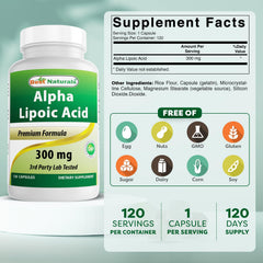 Best Naturals Alpha Lipoic Acid 300mg label shows dosage and quality