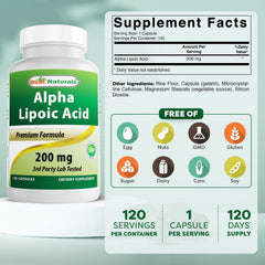 Best Naturals Alpha Lipoic Acid bottle label close-up showing 200 mg dosage per capsule