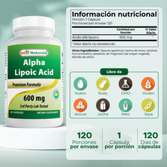 Best Naturals Alpha Lipoic Acid capsules close-up showing a clean, non-GMO formula.